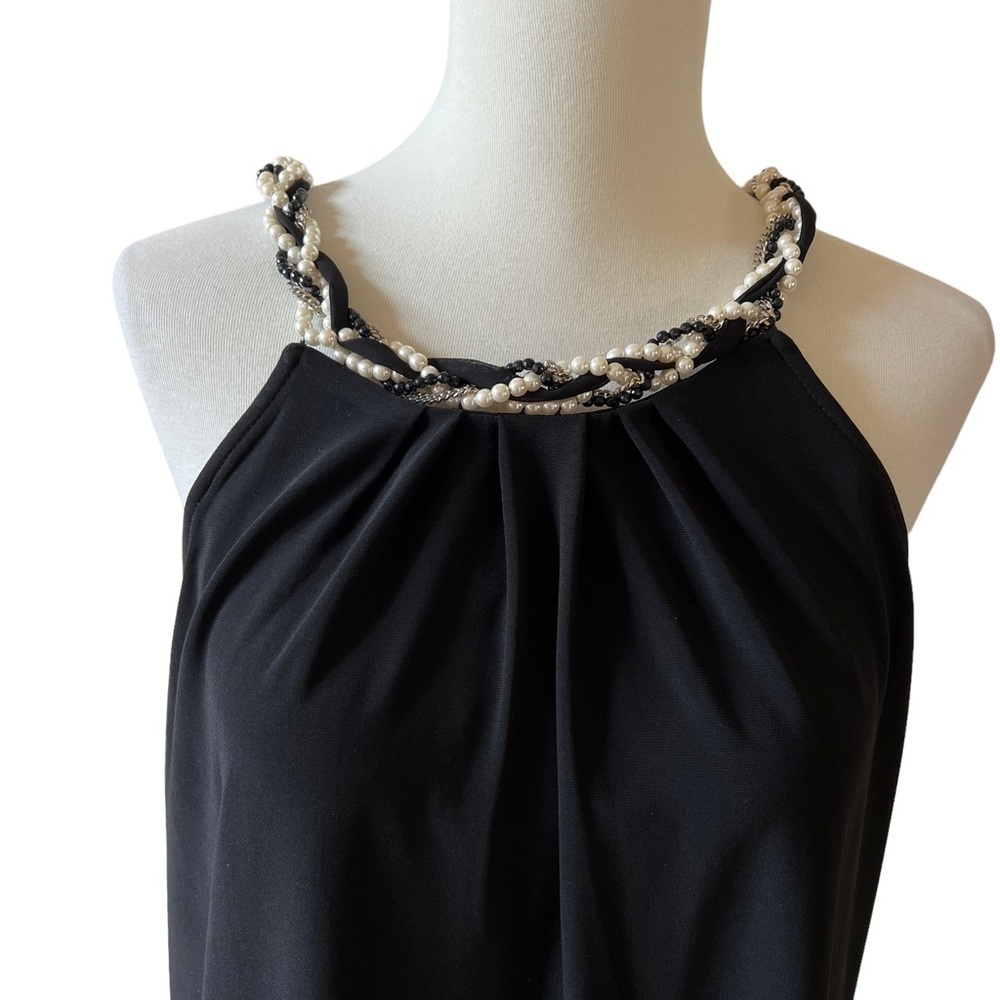 WHBM SLEEVELESS BLOUSE TOP PEARL BEAD NECKLINE BOW TIE BACK BLACK M NWT - Picture 2 of 12